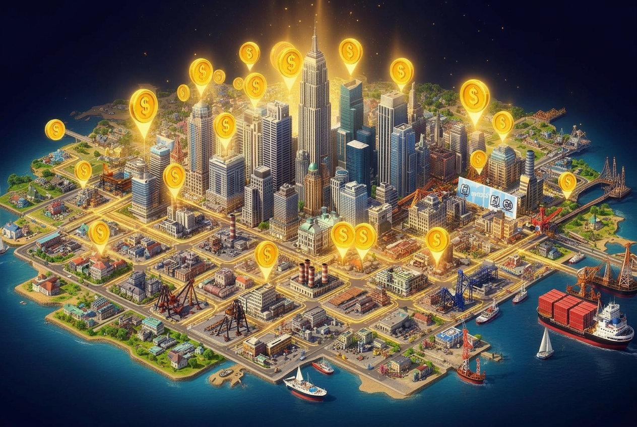 Massive top-down isometric tycoon world map filled with skyscrapers and property markers
